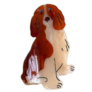 Cute dog shaped acetate hair claw clip with brown and white spotted texture for women