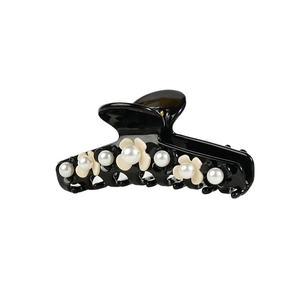 Eleganter großer schwarzer Haarclip aus Acetat mit weißen Blumen und Perlenbesatz