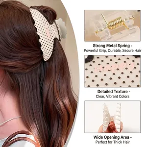 Grande pince à cheveux rétro crème avec pois noirs et ressort doré pour coiffure