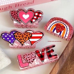 Pince Crabe Cheveux Imprimé Léopard Cœur Saint-Valentin Lettre LOVE Motif Plaid Grande Pince à Cheveux PVC Accessoires Femme