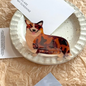 Close-up of tortoise shell Corgi dog hair claw clip on a stylish ceramic plate