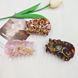 Pince à Cheveux en Acétate de Cellulose Forme Chat Mignon Écaille de Tortue Contour Doré Accessoire Cheveux Femme