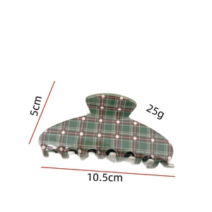 Vintage green plaid shark hair claw clip with 10.5cm large resin grip for women
