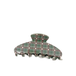 Vintage large plaid hair claw clip in green and red tartan for high ponytail hairstyles