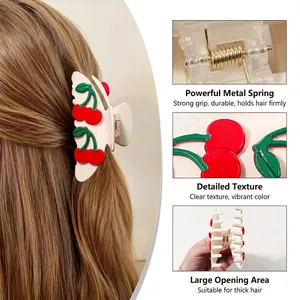 Pince à cheveux cerise douce blanc crème avec détails de fruits pour cheveux épais