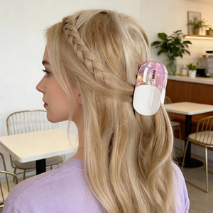 Pink and white two-tone large hair claw clip with OMG text for thick hair styling