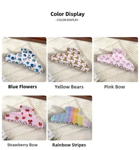 Collection of floral shark hair clips with bear and strawberry patterns in five colors