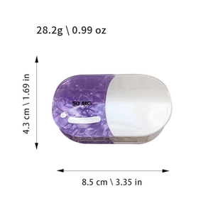 Purple marble capsule hair claw clip showing 8.5 cm length and 4.3 cm height dimensions