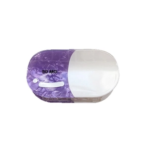 Colorful pill-shaped hair claw clip in purple marble and white with 50 MG design
