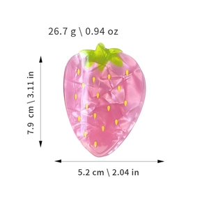 Pince à cheveux fraise mignonne en acétate rose avec dimensions et poids indiqués