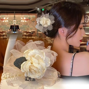 Pince à Cheveux Fleur Rétro Français Tissu Organza Dentelle Grande Rose Barrette Élégante Accessoire Cheveux Pour Femmes