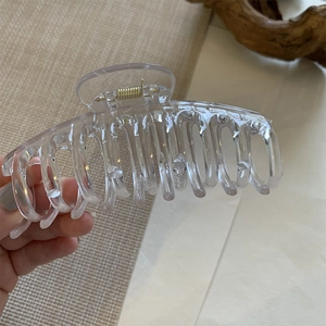 Detail of a large transparent claw clip showing multi-tooth structure and gold metal spring