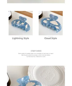 Detailed macro view of acetate hair claws featuring lightning and cloud patterns in blue