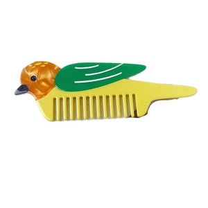Cute bird-shaped acetate hair comb with wide teeth in vibrant yellow and green colors