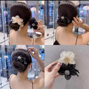 Elegant organza camellia flower hair claw clips in beige and black for stylish women