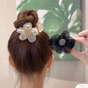 Summer Camellia Organza Flower Hair Claw Clip Elegant Large Rhinestone Shark Clip Floral Hair Accessory For Women Styling