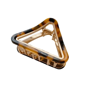 French style hollow triangular metal hair claw clip with brown tortoiseshell pattern