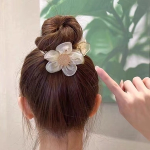 Elegant organza camellia hair claw clip for bun hairstyles with frosted translucent finish