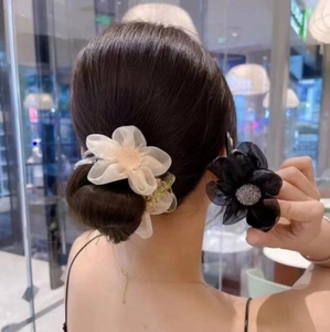Elegant organza camellia flower hair claw clip with rhinestones for summer bun hairstyles