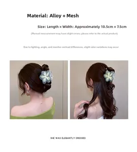 Detail of elegant green mesh camellia hair claw with pearl beads for women's updos