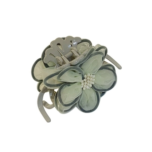 Elegant camellia hair claw clip with light green gauze petals and white pearls