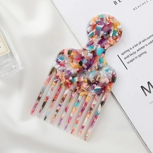 Retro marble texture acetate fine-tooth hair comb in colorful mosaic resin design