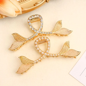 Elegant gold metal fishtail hair claws with pearls and rhinestones in Korean style
