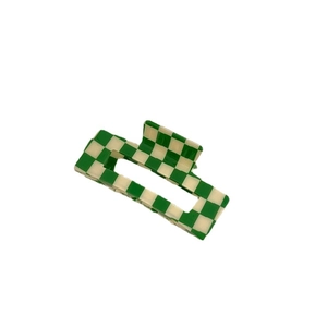 Green and cream checkerboard rectangle hair claw clip with cutout geometric design