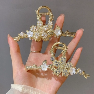Eleganter Haarklammer Aus Goldlegierung Mit Pflaumenblüte Strass Künstliche Perle Große Metall Haarkralle Für Damen Hochzeit Party Schmuck