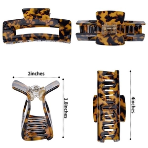 Classic leopard tortoise shell acetate hair claw clip set showing multiple views and dimensions