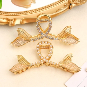 Elegant Mermaid Fish Tail Metal Hair Claw Clip Gold Alloy Faux Artificial Pearl Rhinestone Shark Clip Vintage Hair Accessory For Women