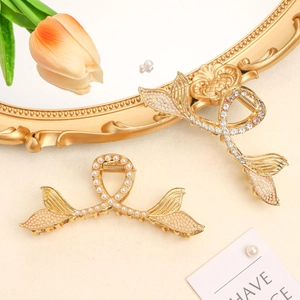 Elegant gold pearl mermaid tail hair claw clip set with sparkling rhinestones decoration