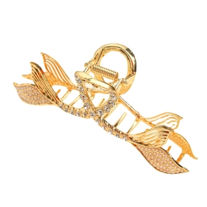 Elegant gold fish tail hair claw clip with white pearls and sparkling rhinestones