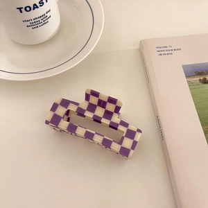 Purple and cream checkerboard acetate hair claw clip for women's hair styling
