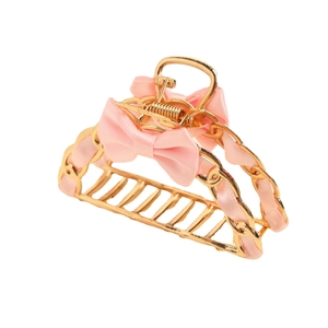 Elegant gold metal chain hair claw clip with pink ribbon weaving and a satin bow knot