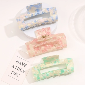 Three-piece set of square acetate hair claws with colorful marble texture for women