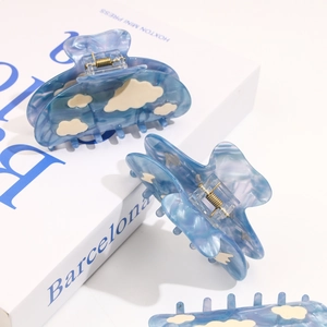 Blue acetate hair claw clip with white cloud pattern for women thick hair styling