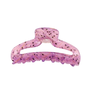 Translucent purple acetate claw clip with black square sequins and orange geometric patterns