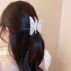 Elegant white iridescent butterfly hair claw clip for women's updo hairstyles