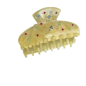 Elegant large cream resin hair claw clip with colorful rhinestone flower patterns for women