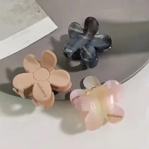 Three-piece set of elegant camellia acetate flower hair claws in matte apricot and grey