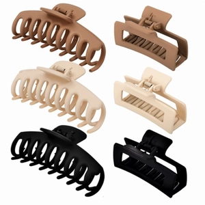 Set of 6 large matte hair claw clips in neutral black, brown, and beige colors