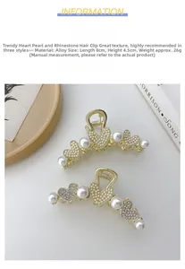 Detalle de la pinza para pelo corazón de 8cm con perlas y diamantes y especificaciones