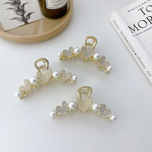 Pinza para el Pelo Corazón de Aleación Estilo Coreano Con Perlas Artificiales de Imitación Y Strass Clip de Metal Dorado Accesorios para el Pelo