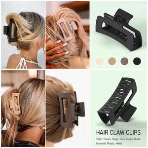 Detailed views of four matte large hair claw clips in neutral colors on long blonde hair