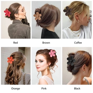 Collage of flower hair claw clips in six matte colors shown on various hairstyles