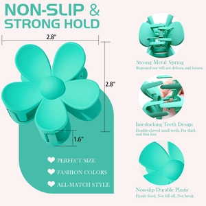 Detail view of 2.8-inch mint green floral hair claw clip with size and feature callouts