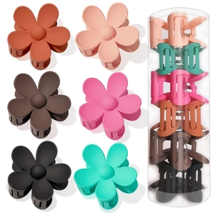 Matte flower hair claw clips set in six colors with a cylindrical storage case