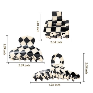 Retro black and white checkered hair claw clip set with dimensions in inches