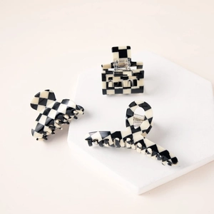Vintage Black White Checkerboard Acetic Acid Hair Claw Clips For Women Fashion Checkered Pattern Square Arc Shark Hair Clips Jewelry